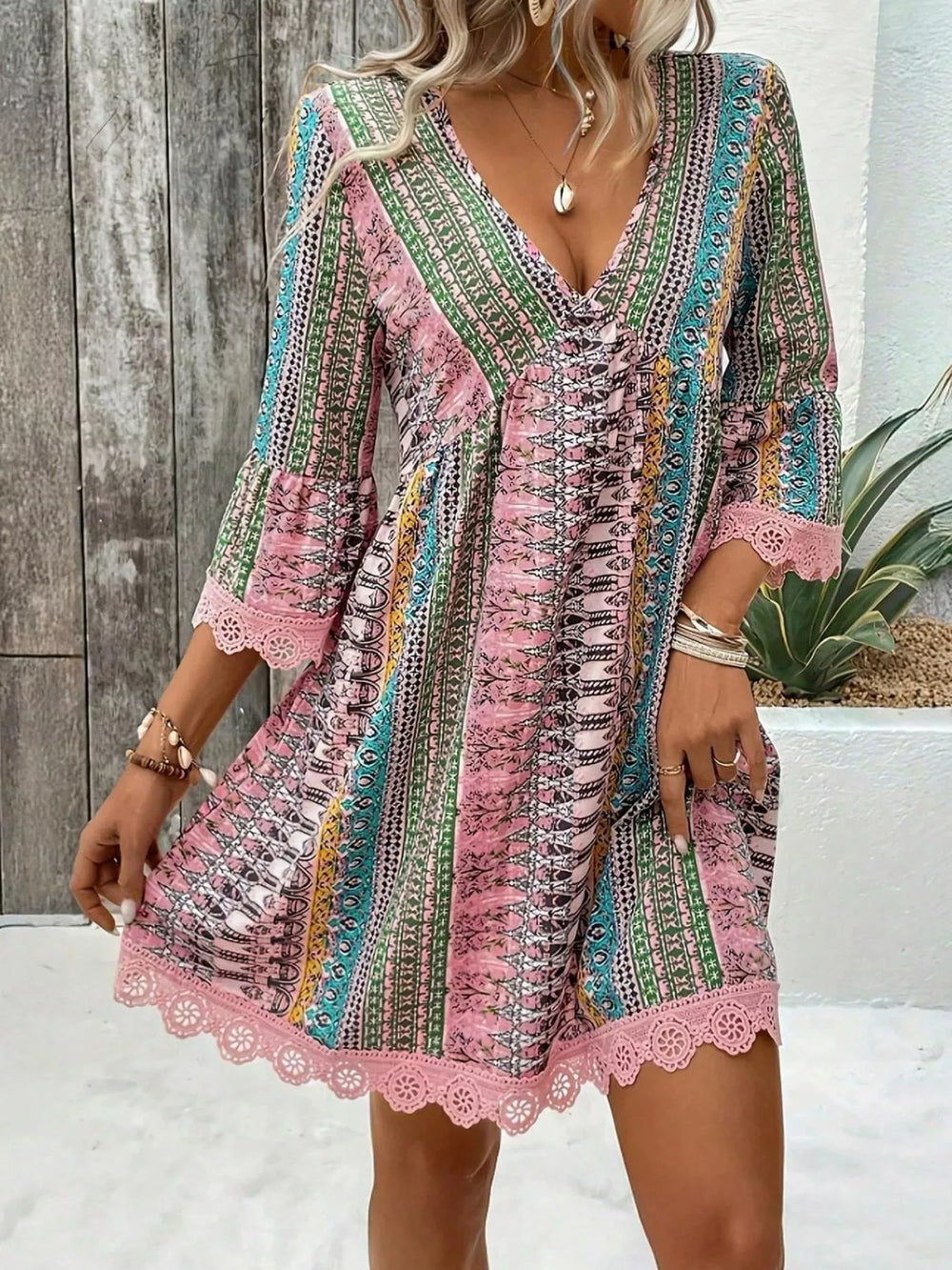 Printed V Neck A Line Dress