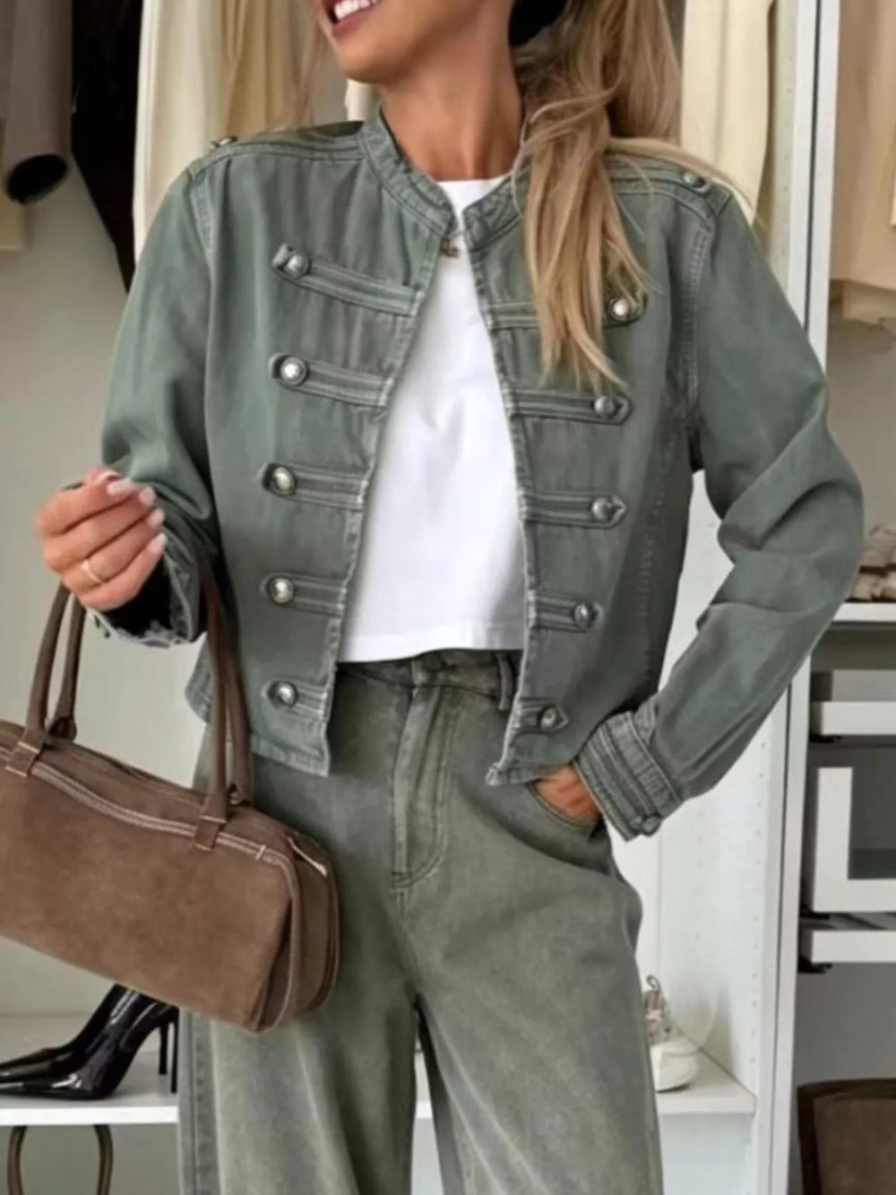 Decorative Button Cropped Denim Jacket