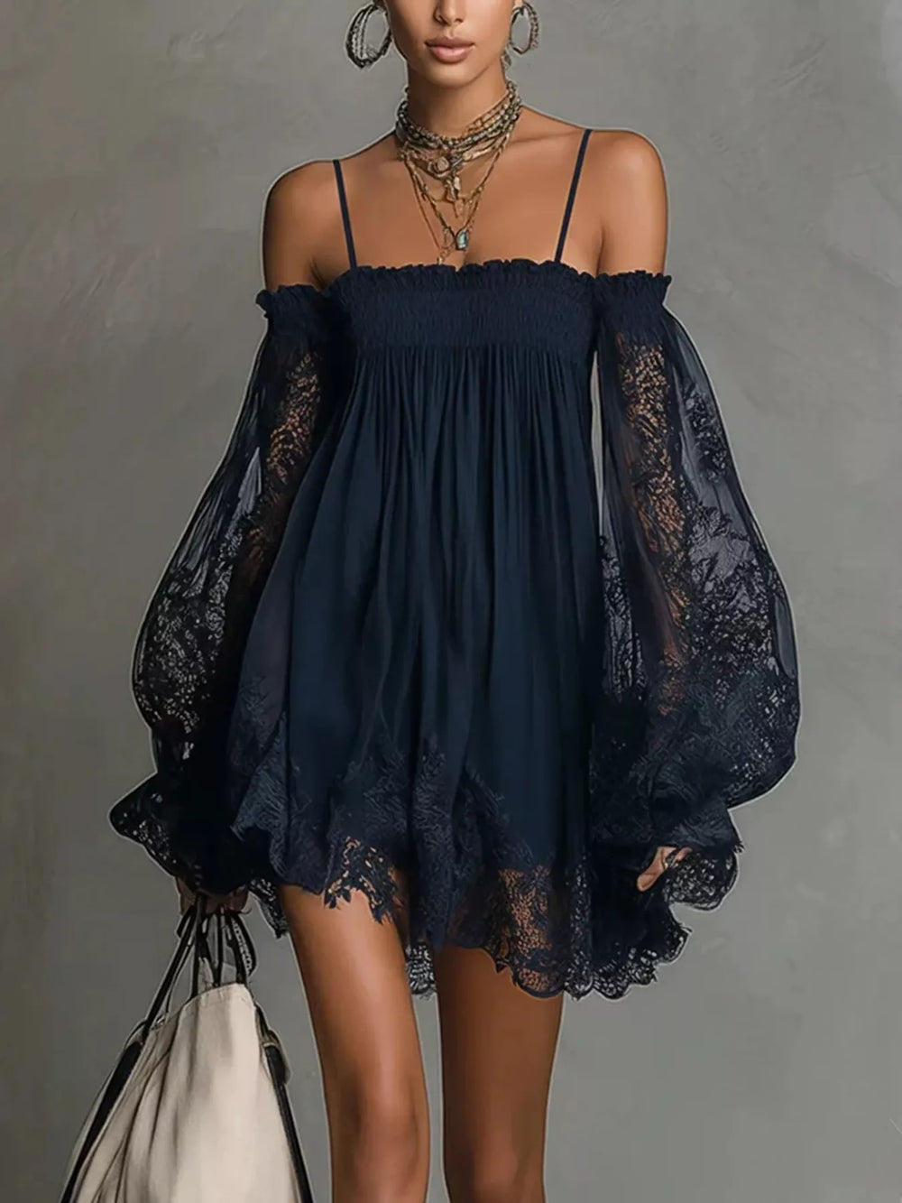 Spaghetti Strap Lace Flounce Sleeve Mini Dress