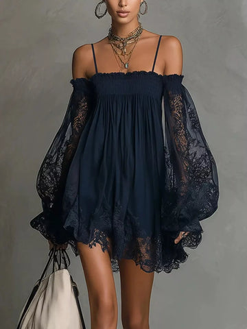 Spaghetti Strap Lace Flounce Sleeve Mini Dress