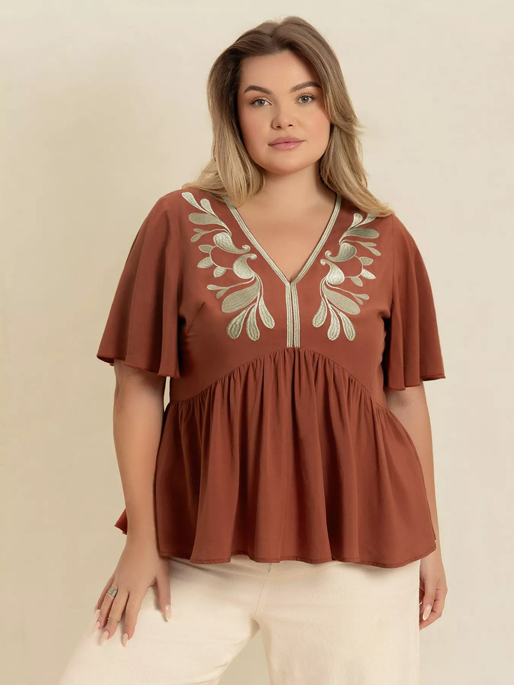 Plus Size Embroidered V Neck Flutter Sleeve Blouse
