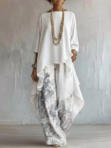 Asymmetrical Hem Top and Floral Pants Set