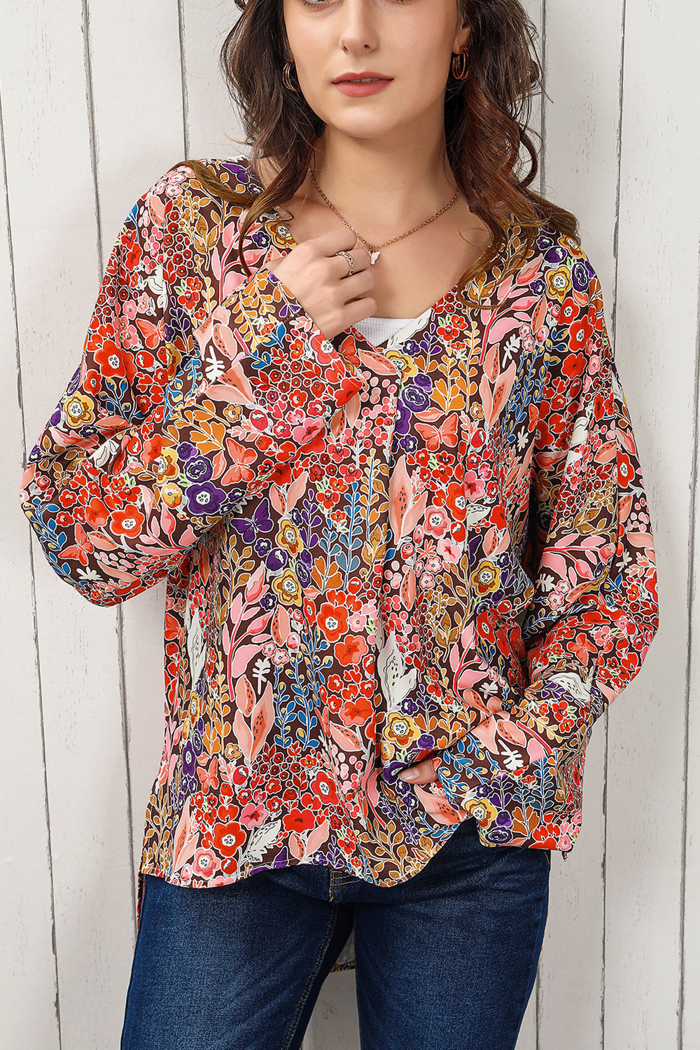 Floral V Neck Long Sleeve Blouse