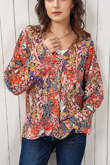 Floral V Neck Long Sleeve Blouse