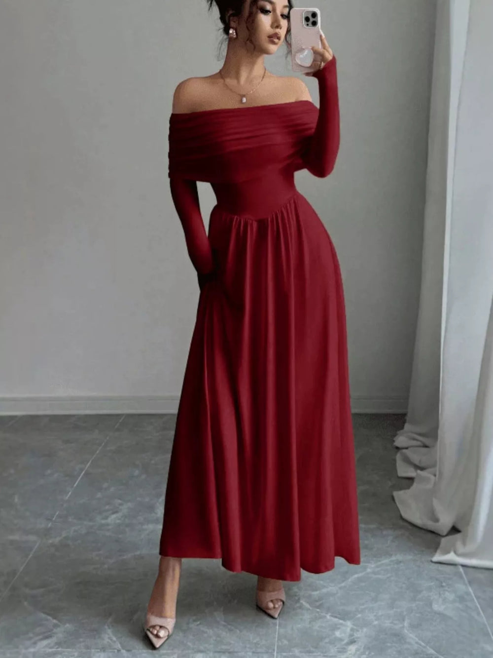 Off-Shoulder Long Sleeve Maxi Dress