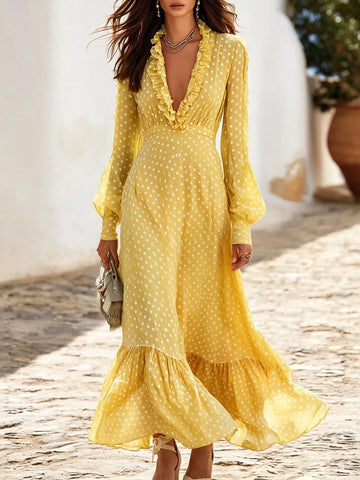 Full Size Polka Dot Ruffle V-Neck Maxi Dress Plus Size