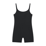 Serein Queen women's U-neck yoga romper in black, front view