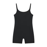 Serein Queen women's U-neck yoga romper in black, front view