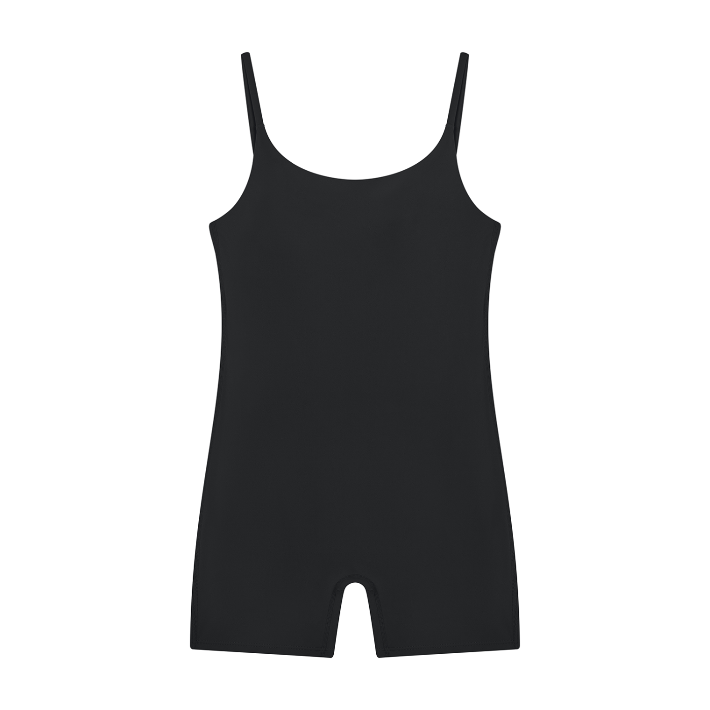 Serein Queen women's U-neck yoga romper in black, front view
