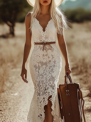 Full Size Lace V Neck Sleeveless Dress Plus Size