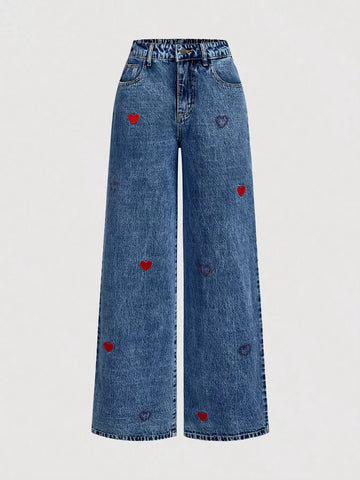 Embroidered Heart Wide Leg Jeans