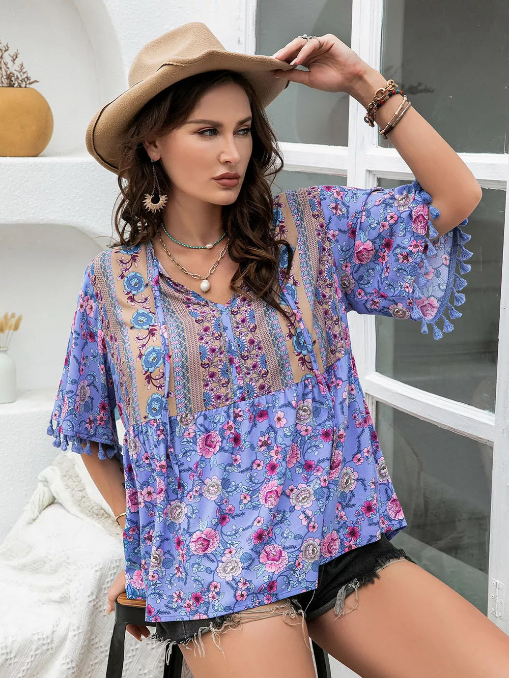 Plus Size Printed V-Neck Half Sleeve Blouse selected from Blouse Bloom for Blouse Bloom: Soft Structure for Every Kind of Day