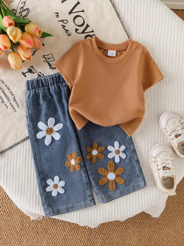 Children's Round Neck Top and Flower Jeans Set