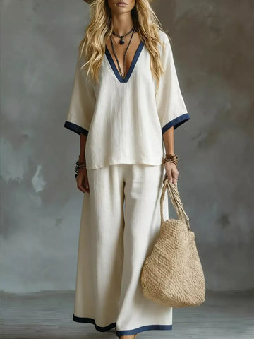 Contrast Trim V Neck Top and Pants Set