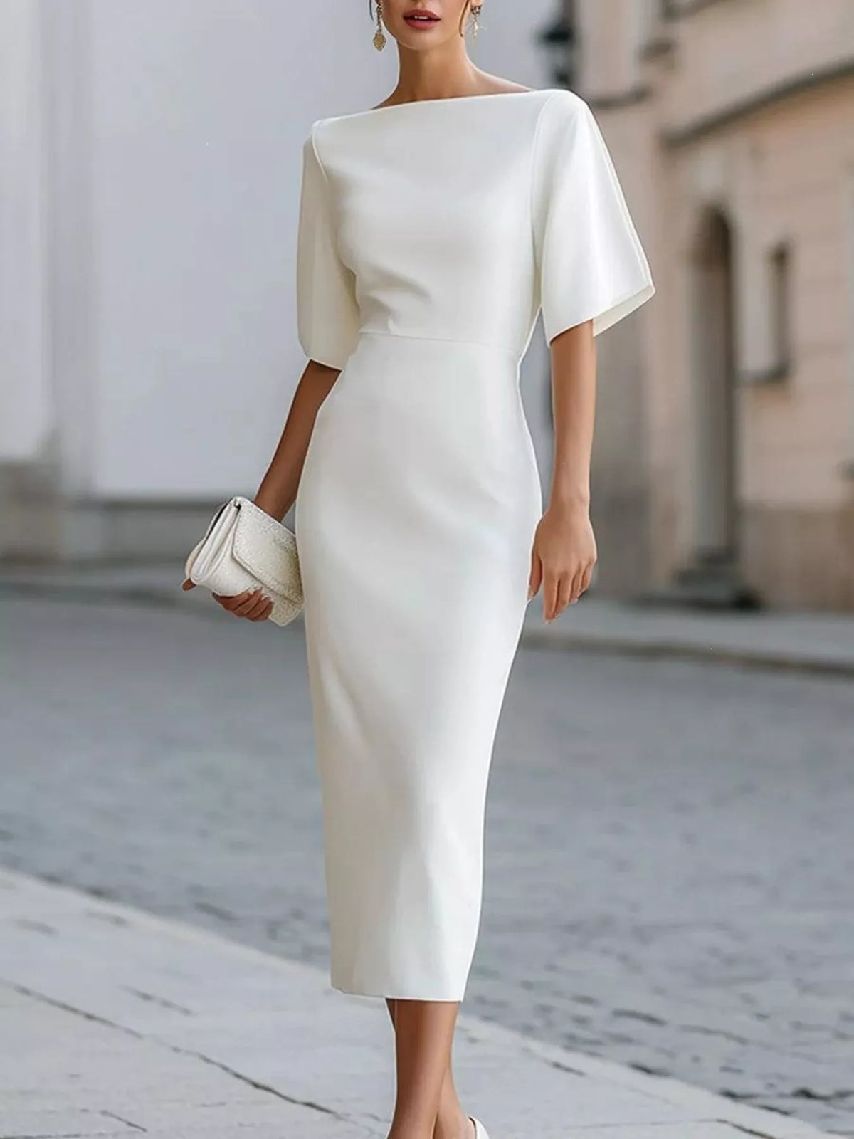 Half Sleeve Boat Neck Midi Dress
