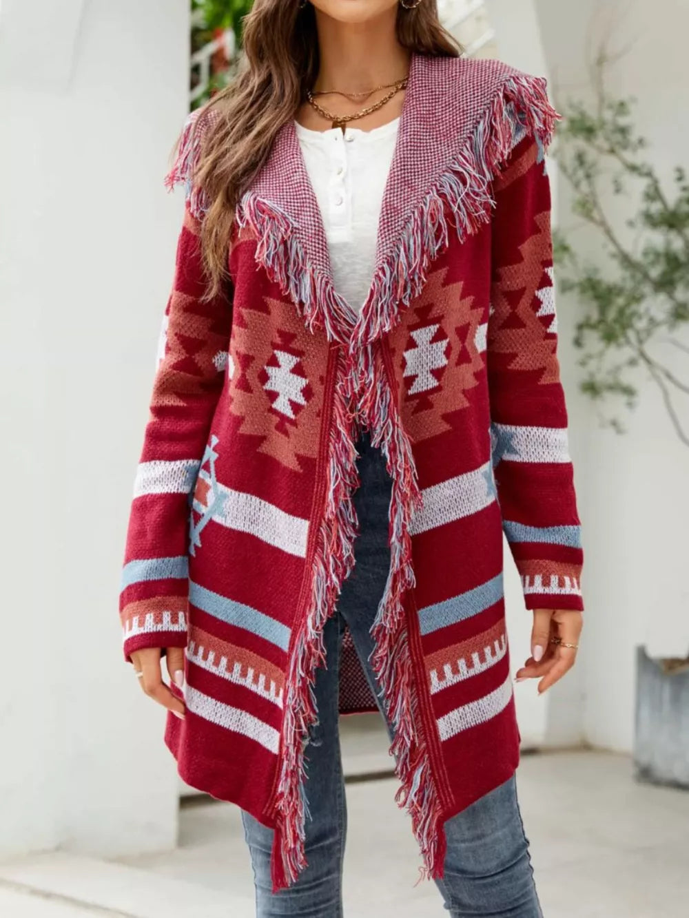 Fringe Geometric Hooded Cardigan