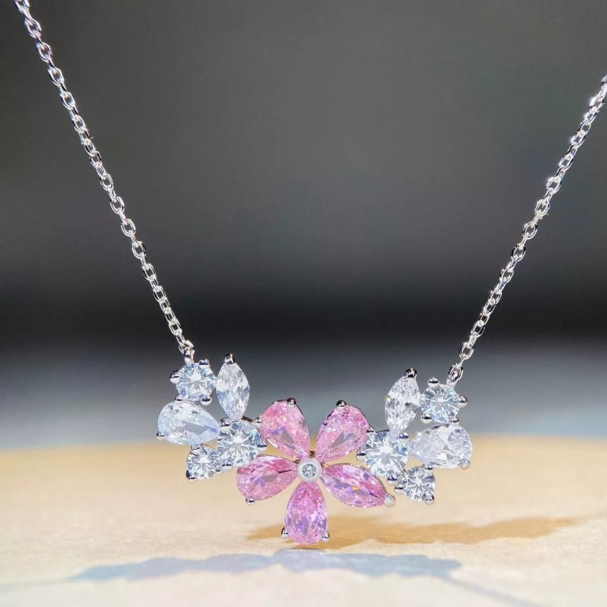 925 Sterling Silver Zircon Flower Necklace