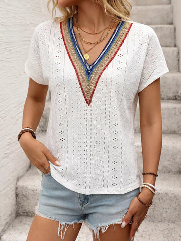 Eyelet V Neck Short Sleeve Top