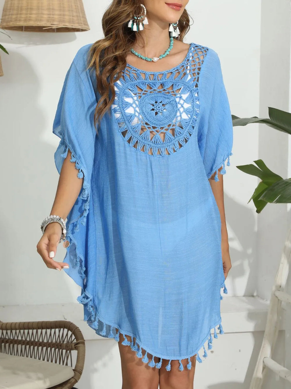 Tassel Crochet Round Neck Cover Up