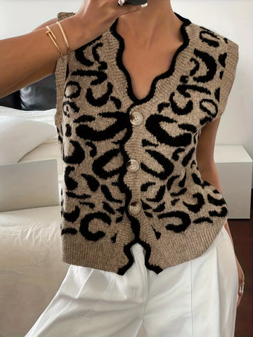 Plus Size Leopard Scalloped Edge Button-Down Sweater Vest