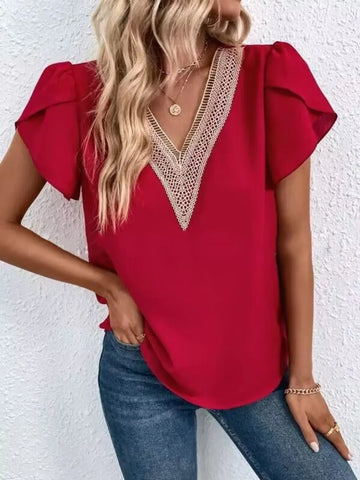 V Neck Petal Sleeve Blouse