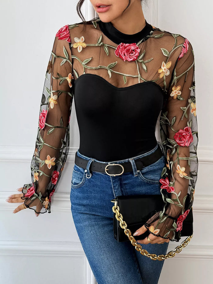 Floral Embroidered Mesh Bodysuit