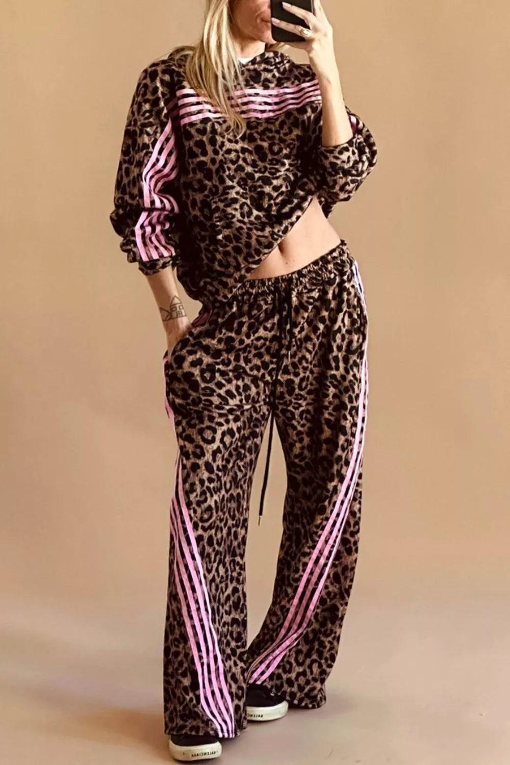 Leopard Print Contrast Striped Detail Long Sleeve Top Pant Set