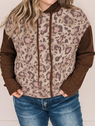 Plus Size Leopard Long Sleeve Drawstring Hoodie