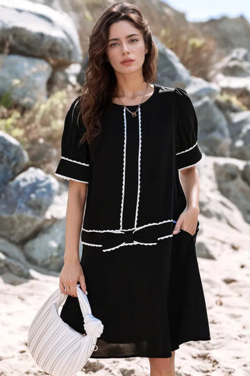 Contrast Scallop Trim Bow Detail Short Sleeve Mini Shift Dress