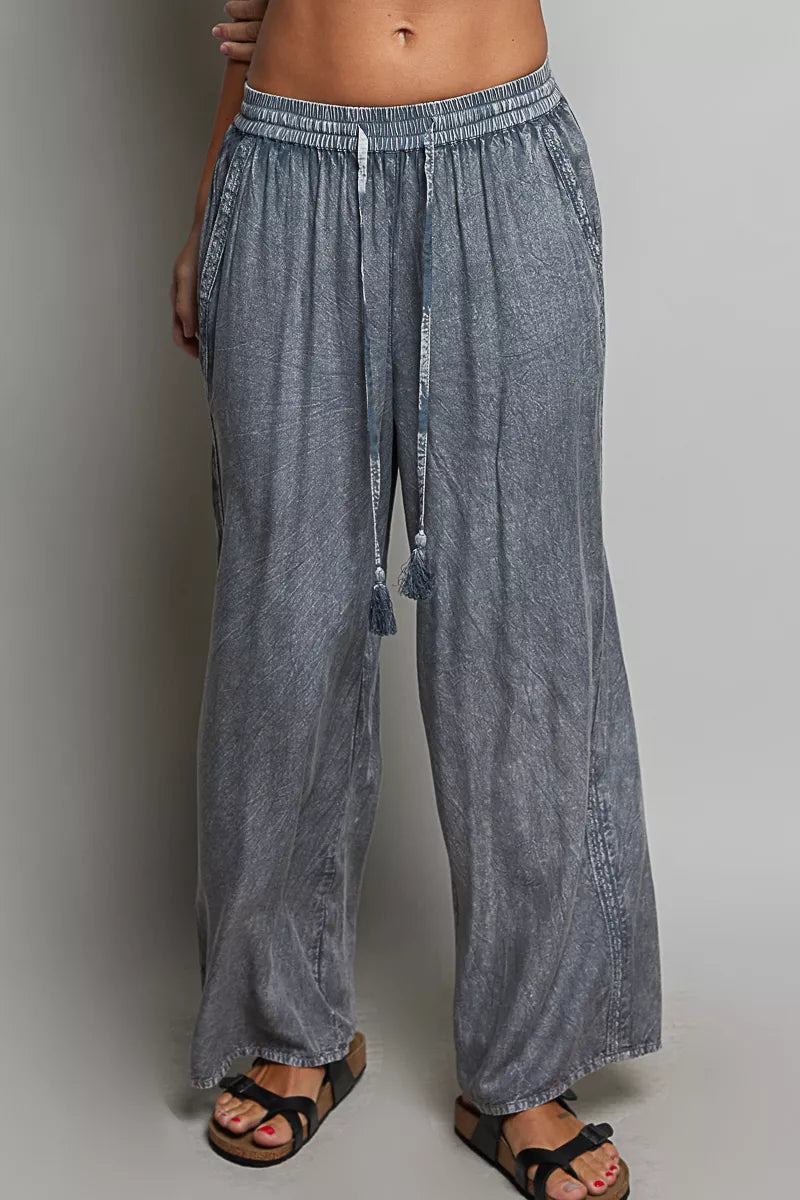 POL Tassel Drawstring Embroidered Wide Leg Pants