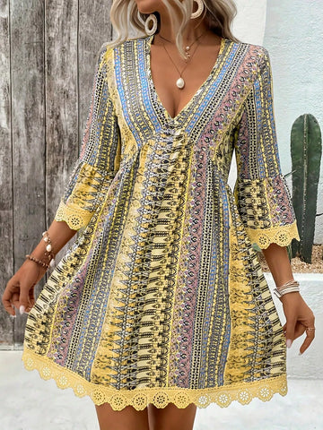 Printed V Neck A Line Dress