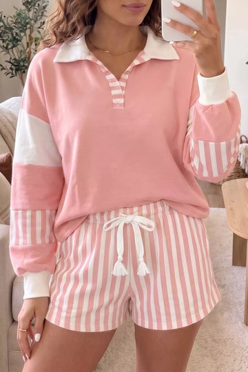Color Block Polo Shirt and Drawstring Striped Shorts Set