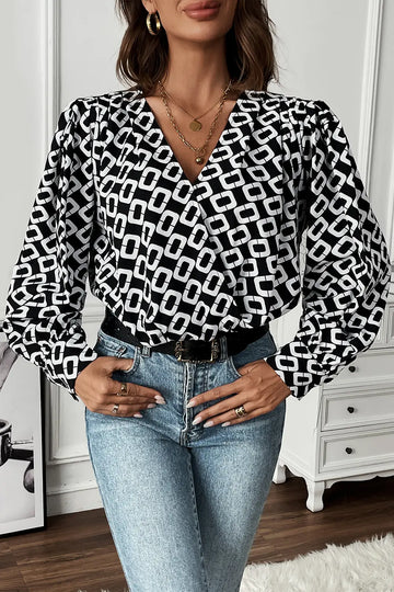 Perfee Geometric V Neck Long Sleeve Blouse