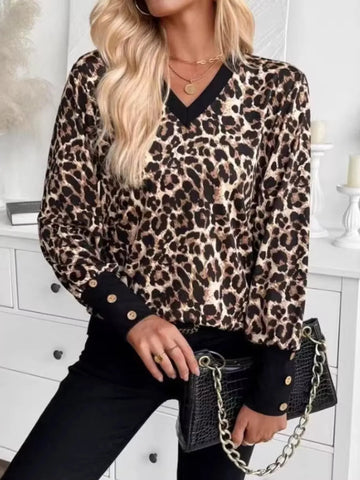 Printed V-Neck Long Sleeve T-Shirt with Button Cuffs