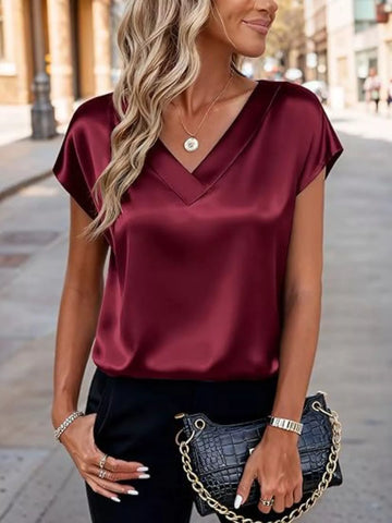 Satin V Neck Short Sleeve Blouse