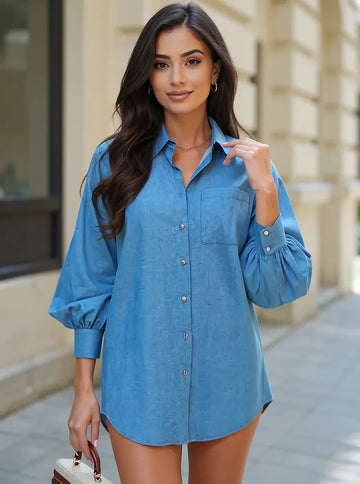 Button Up Lantern Sleeve Oversized Shirt