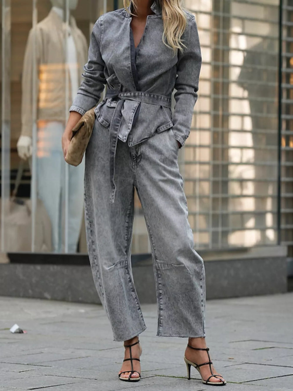 Long Sleeve Top and Wide Leg Jeans Denim Set
