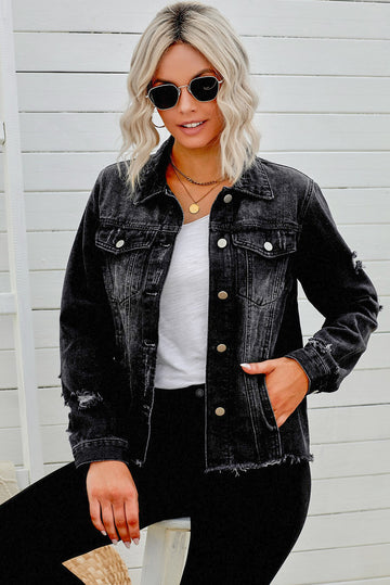 Distressed Raw Hem Buttons Denim Jacket