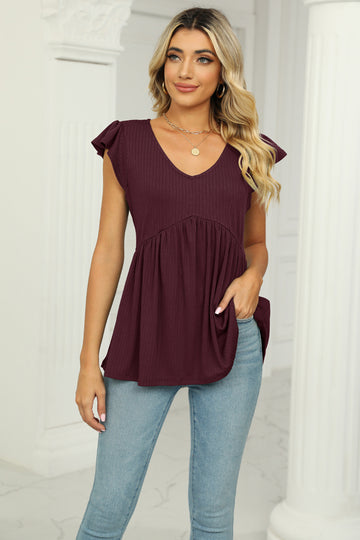 V Neck Flutter Sleeve Babydoll Blouse
