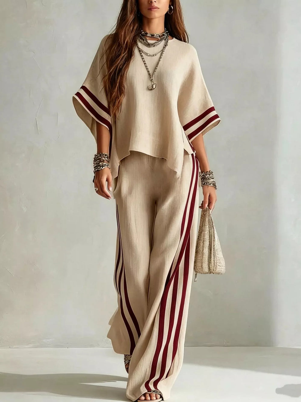 Full Size Striped 3/4 Sleeve Top and Pants Set Plus Size