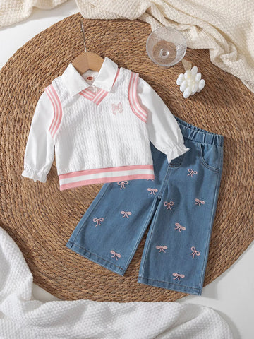 Children's Long Sleeve Shirt & Knit Vest and Jeans Set
