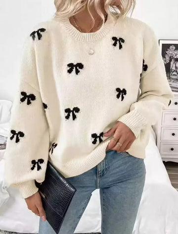 Bow Round Neck Dropped Shoulder Sweater