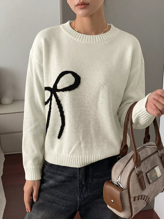 Bow Graphic Round Neck Sweater