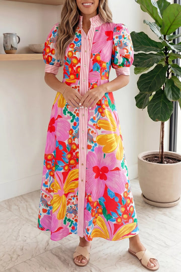 Floral Button Down Short Sleeve Maxi Dress