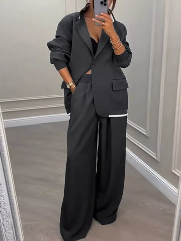 Lapel Collar Blazer and Wide-Leg Pants Two-Piece Set