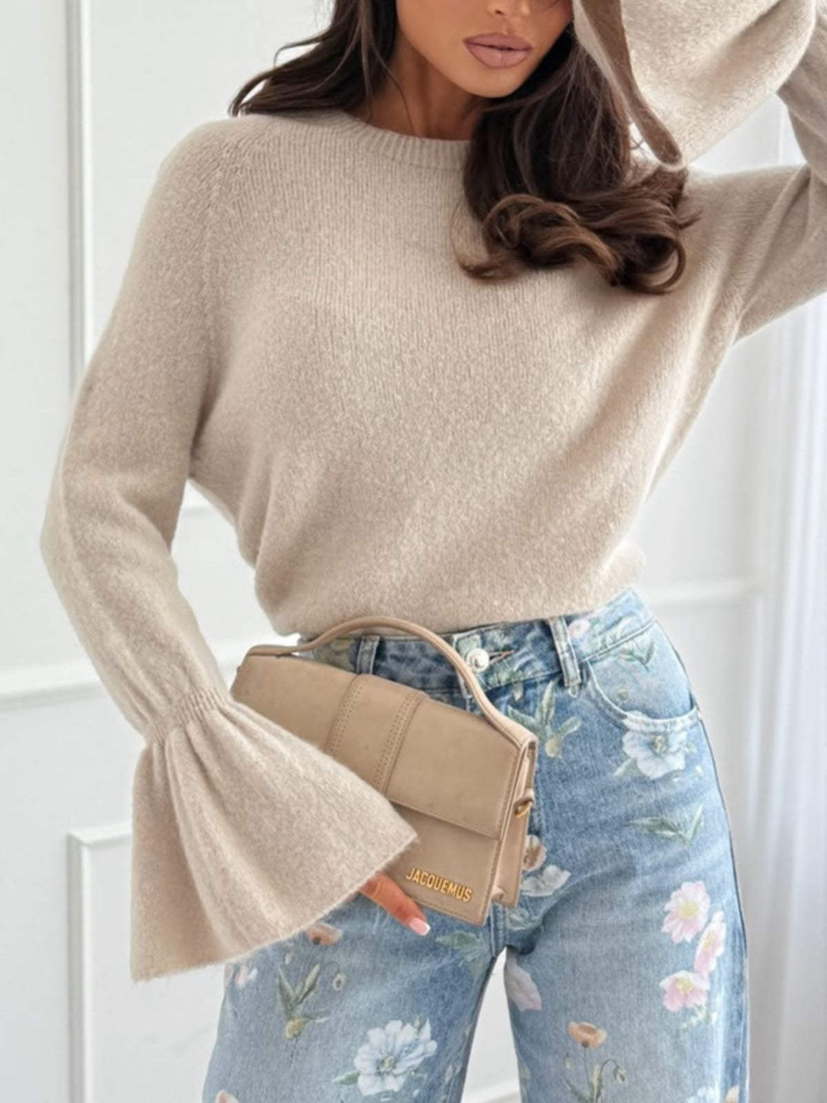 Round Neck Flounce Sleeve Sweater