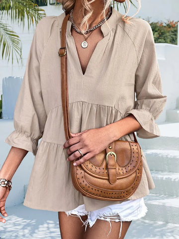 Ruffled Notched Three Quarter Sleeve Blouse