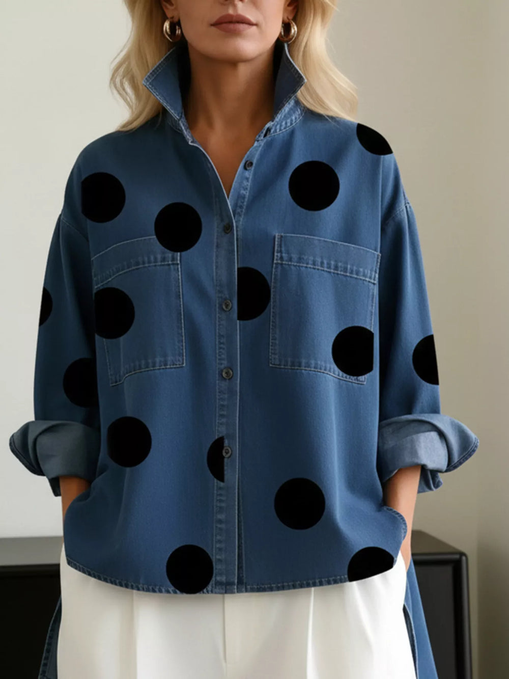 Full Size Polka Dot Oversized Denim Look Shirt Plus Size