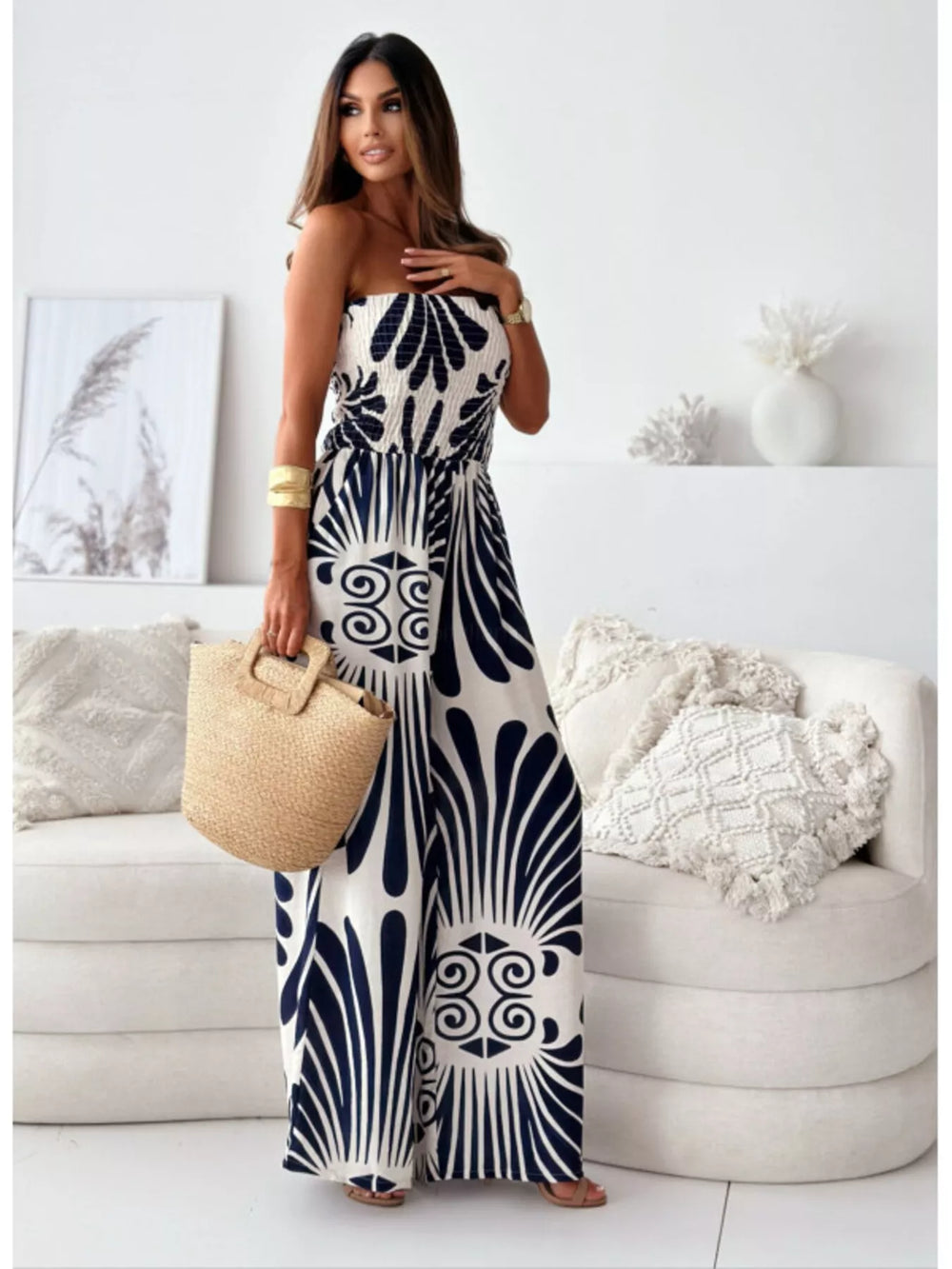 Printed Strapless Wide Leg Jumpsuit