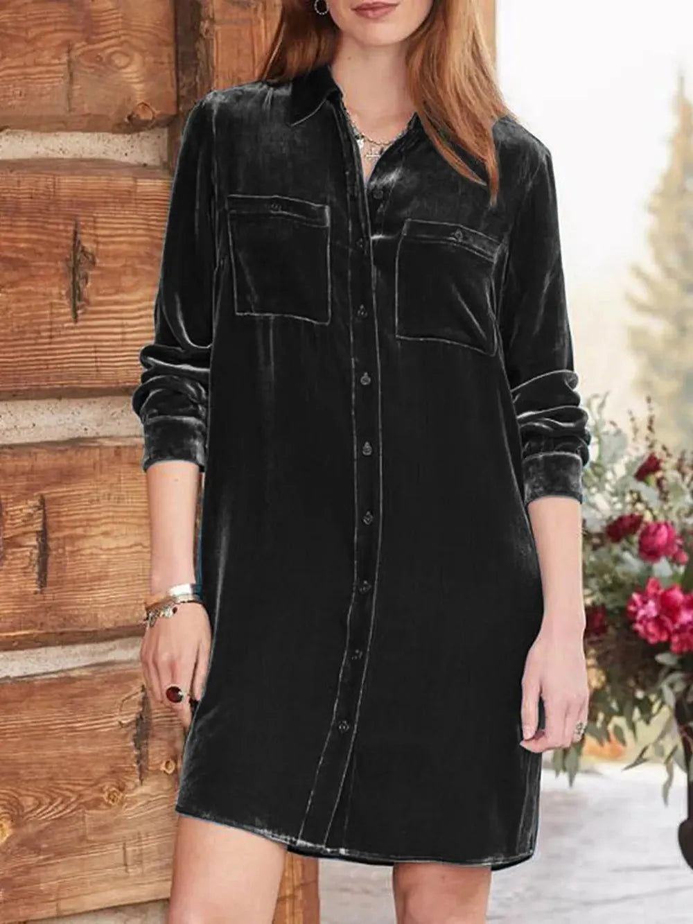 High Low Button Up Long Sleeve Knee Length Dress